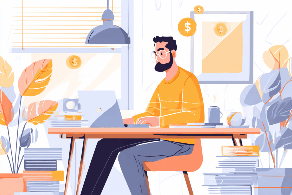 Man sitting on his computer with money icons floating in the background