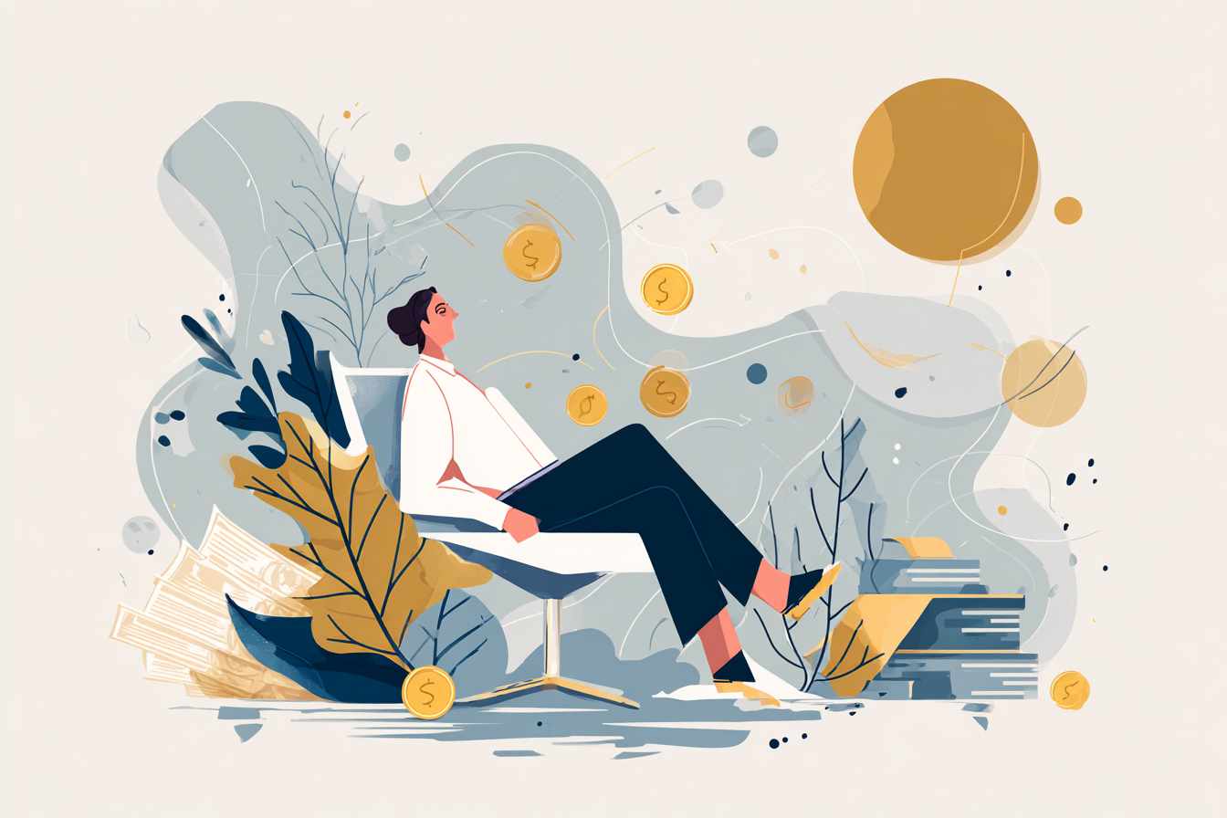 Woman sitting in a chair with money floating down simulating debt problems