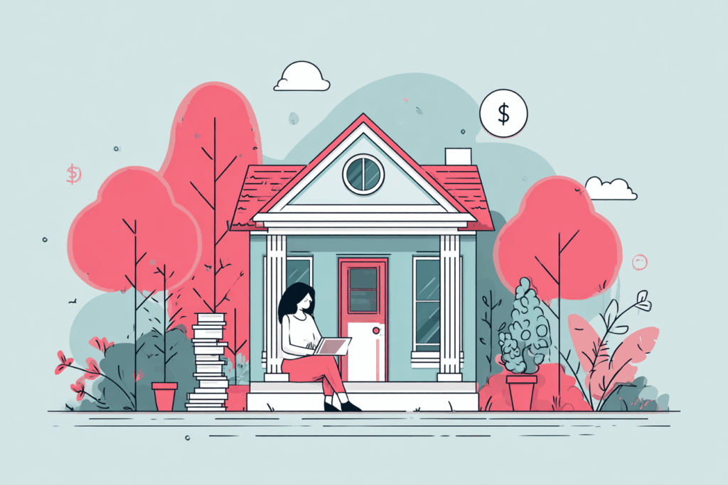 Woman sitting outside her house on her computer