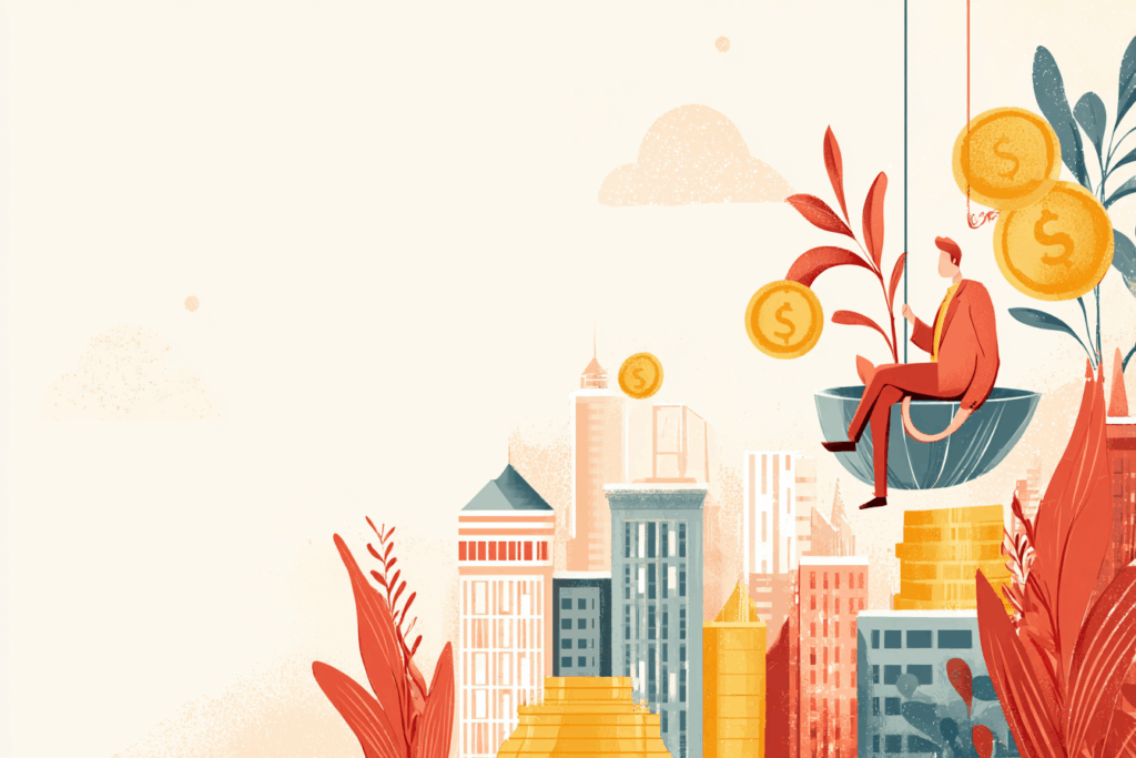 Man sitting in a chair with money by him around bank buildings to simulate investing